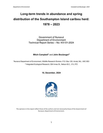 TAB2O_2024 Long-term trends in abundance and spring distribution of the Southampton Island caribou herd 1978 – 2023