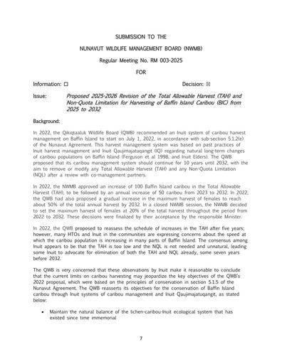 TAB8_QWB_BN_2025 Revision of the Baffin Island Caribou TAH and NQL 2022-32 _ENG