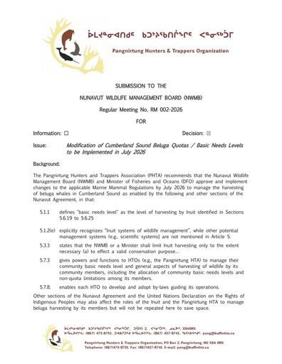 TAB3_Pangnirtung HTO_Modification of Cumberland Sound Beluga Harvesting Quotas_ENG